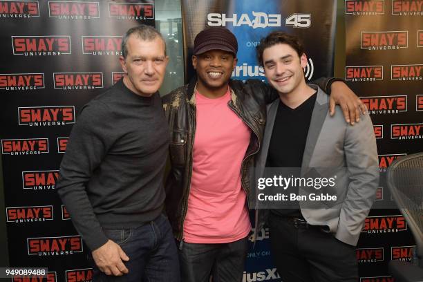 Actors Antonio Banderas and Alex Rich visit 'Sway in the Morning' hosted by SiriusXM's Sway Calloway on Eminem's Shade 45 at SiriusXM Studios on...