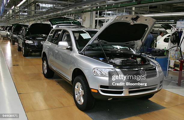 Volkswagen Touareg SUV cars on the assembly line at the Volkswagen factory in Bratislava, Slovakia, Wednesday, June 16, 2004. The factory produces...