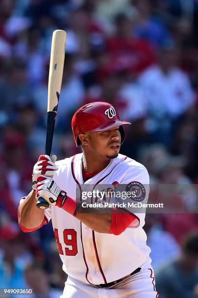 Moises Sierra of the Washington Nationals bats against the Colorado Rockies in the eighth inning at Nationals Park on April 14, 2018 in Washington,...