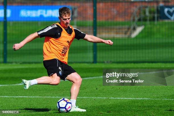 Matt Ritchie passes the ball during the Newcastle United Training Session at the Newcastle United Training Centre on April 20 in Newcastle upon Tyne,...