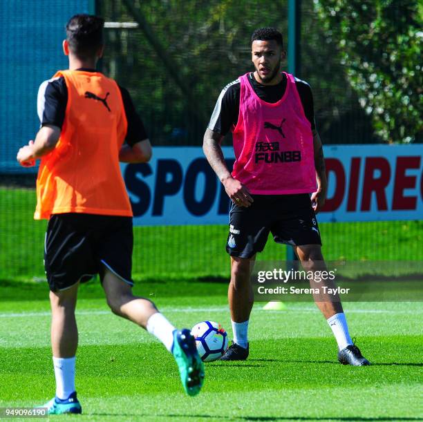 Jamaal Lascelles looks to pass the ball during the Newcastle United Training Session at the Newcastle United Training Centre on April 20 in Newcastle...