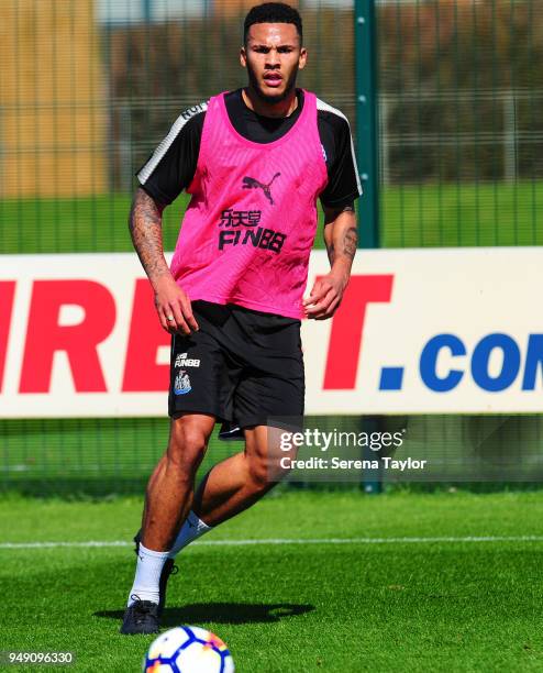 Jamaal Lascelles passes the ball during the Newcastle United Training Session at the Newcastle United Training Centre on April 20 in Newcastle upon...