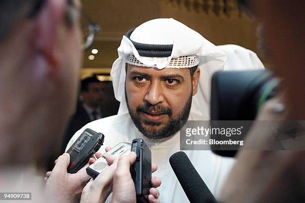 Sheikh Ahmad Fahad Al-Ahmad Al Sabah, Kuwait oil minister, speaks to the press in the lobby of the Phoenicia Intercontinental in Beirut, Wednesday,...