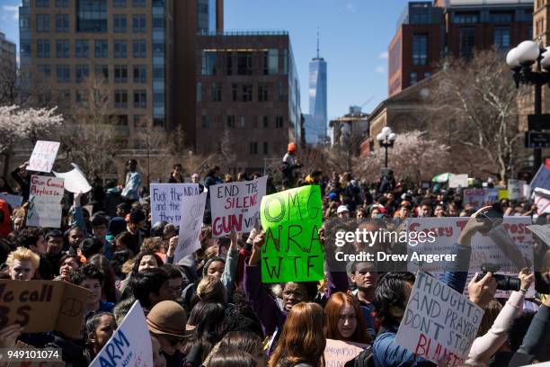 Student activists rally against gun violence at Washington Square Park, near the campus of New York University, April 20, 2018 in New York City. On...