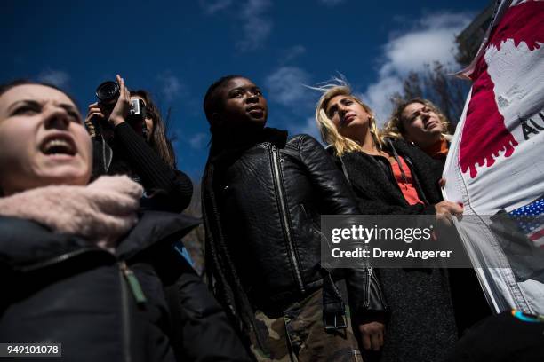 Student activists rally against gun violence at Washington Square Park, near the campus of New York University, April 20, 2018 in New York City. On...