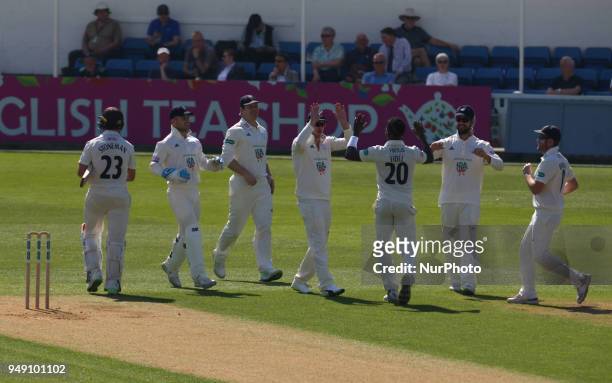 Fidel Edwards of Hampshire ccc celebrates LBW on Surrey's Mark Stoneman during Specsavers County Championship - Division One, day one match between...