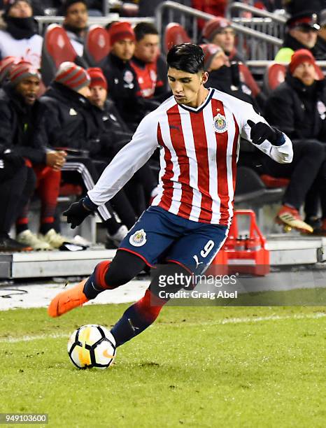 Alan Pulido of Chivas Guadalajara controls the ball against Toronto FC during the CONCACAF Champions League Final Leg 1 on April 17, 2018 at BMO...