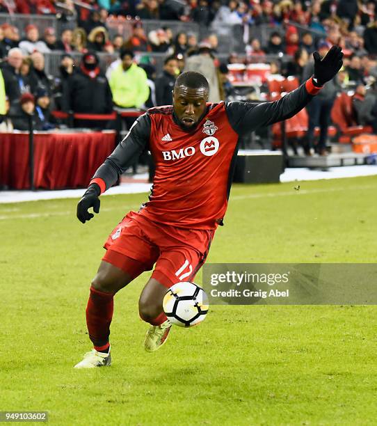 Jozy Altidore of Toronto FC controls the ball against Chivas Guadalajara during the CONCACAF Champions League Final Leg 1 on April 17, 2018 at BMO...