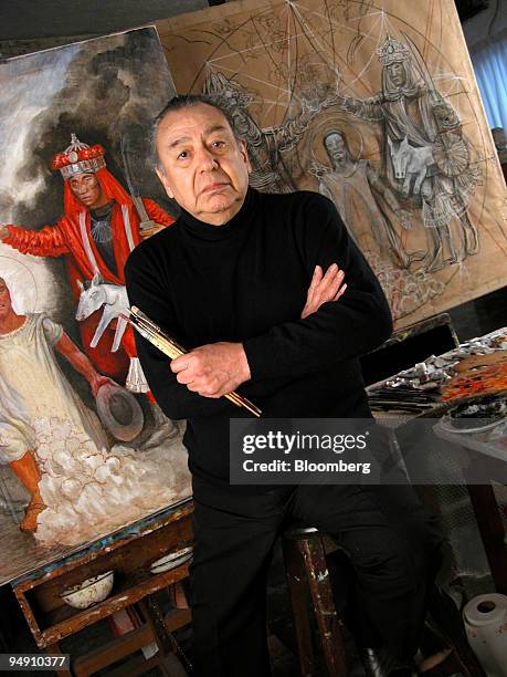 Artist Jose Reyes Meza is pictured in his studio in San Pedro Garza Garcia, near Monterrey, Mexico, on Thursday, January 22, 2004. Behind him is a...
