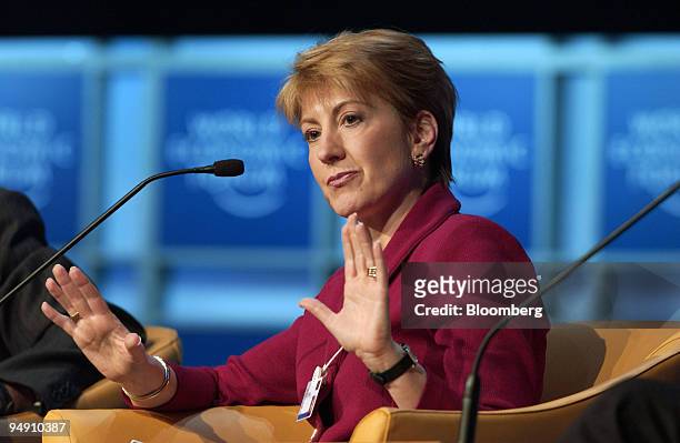 Carly Fiorina, chairman, president & CEO, Hewlett-Packard is seen during a panel discussion at the World Economic Forum in Davos, Switzerland,...