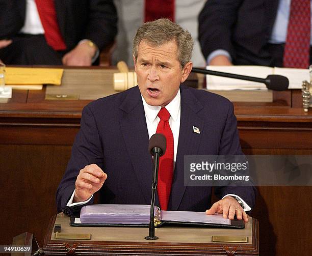President George Bush delivers the State of the Union speech to Congress in Washington, DC, Tuesday, January 20, 2004. Bush urged Congress to let...