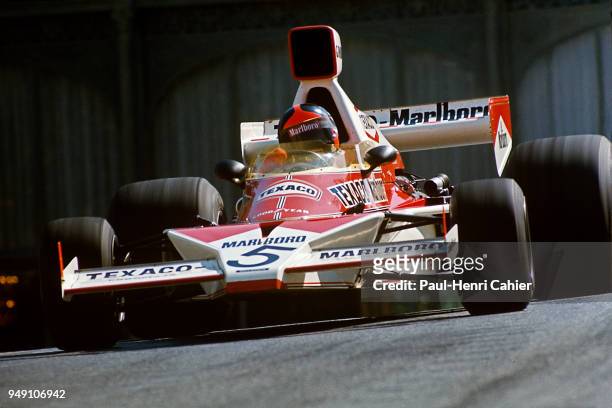 Emerson Fittipaldi, McLaren-Ford M23, Grand Prix of Monaco, Circuit de Monaco, 26 May 1974. Emerson Fittipaldi exiting Casino Square corner in the...