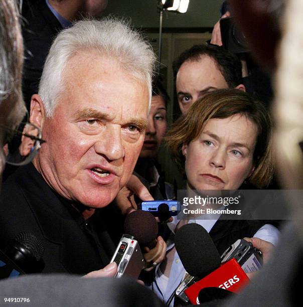 Frank Stronach, founder and chairman of Magna, answers media questions in Toronto, Canada, Tuesday January 20 after his daughter, Belinda Stronach,...