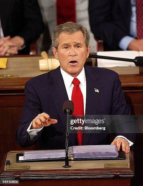 President George W. Bush delivers the State of the Union speech to Congress in Washington, DC, Tuesday, January 20, 2004. President Bush urged...