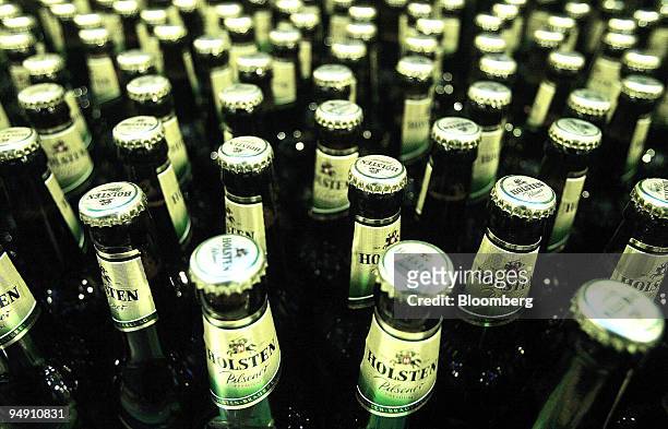 Bottles of beer seen on the production line at the Holsten Brewery in Hamburg, Germany, Tuesday, January 20, 2004. Carlsberg A/S, the world's...