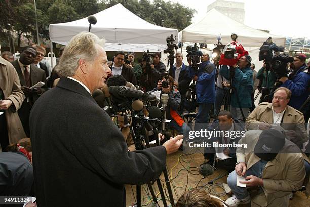 Mike DeGeurin, defense attorney for former Enron Corp. Assistant Treasurer Lea Fastow, talks to reporters outside the Federal courthouse in Houston,...