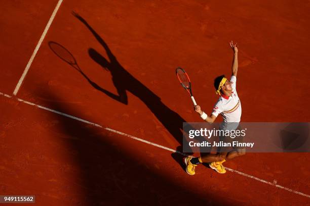 Kei Nishikori of Japan in action against Marin Cilic of Croatia during day six of the ATP Masters Series Monte Carlo Rolex Masters at Monte-Carlo...