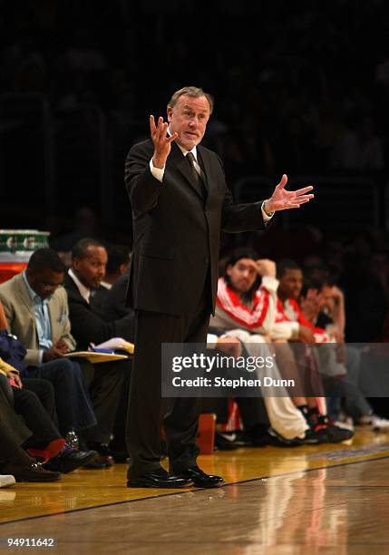 Head coach Rick Adelman of the Houston Rockets gestures during the game with the Los Angeles Lakers on November 15, 2009 at Staples Center in Los...