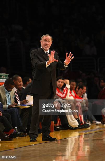 Head coach Rick Adelman of the Houston Rockets gestures during the game with the Los Angeles Lakers on November 15, 2009 at Staples Center in Los...