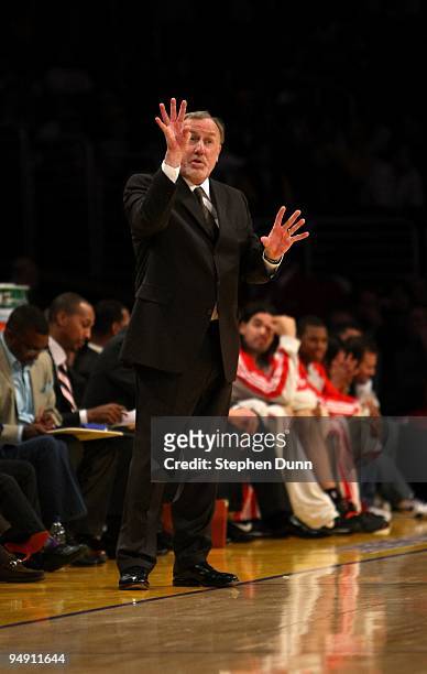 Head coach Rick Adelman of the Houston Rockets gestures during the game with the Los Angeles Lakers on November 15, 2009 at Staples Center in Los...