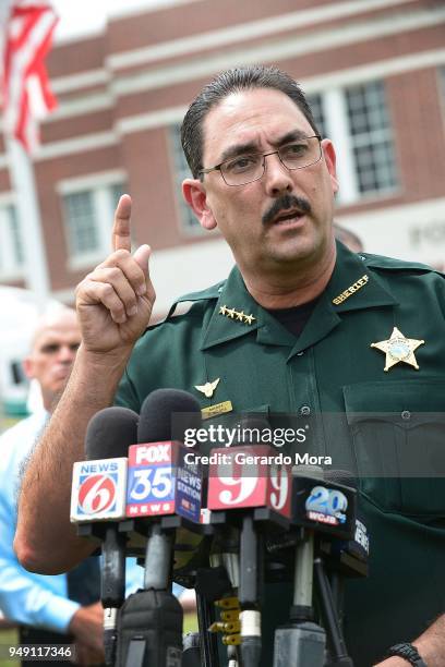 Marion County Sheriff Billy Woods speaks during a press conference after a shooting at Forest High School on April 20, 2018 in Ocala, Florida. It was...