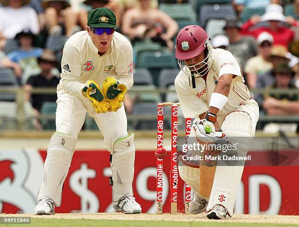 Ramnaresh Sarwan of the West Indies gets an edge to Brad Haddin off the bowling of Nathan Hauritz of Australia during day four of the Third Test...