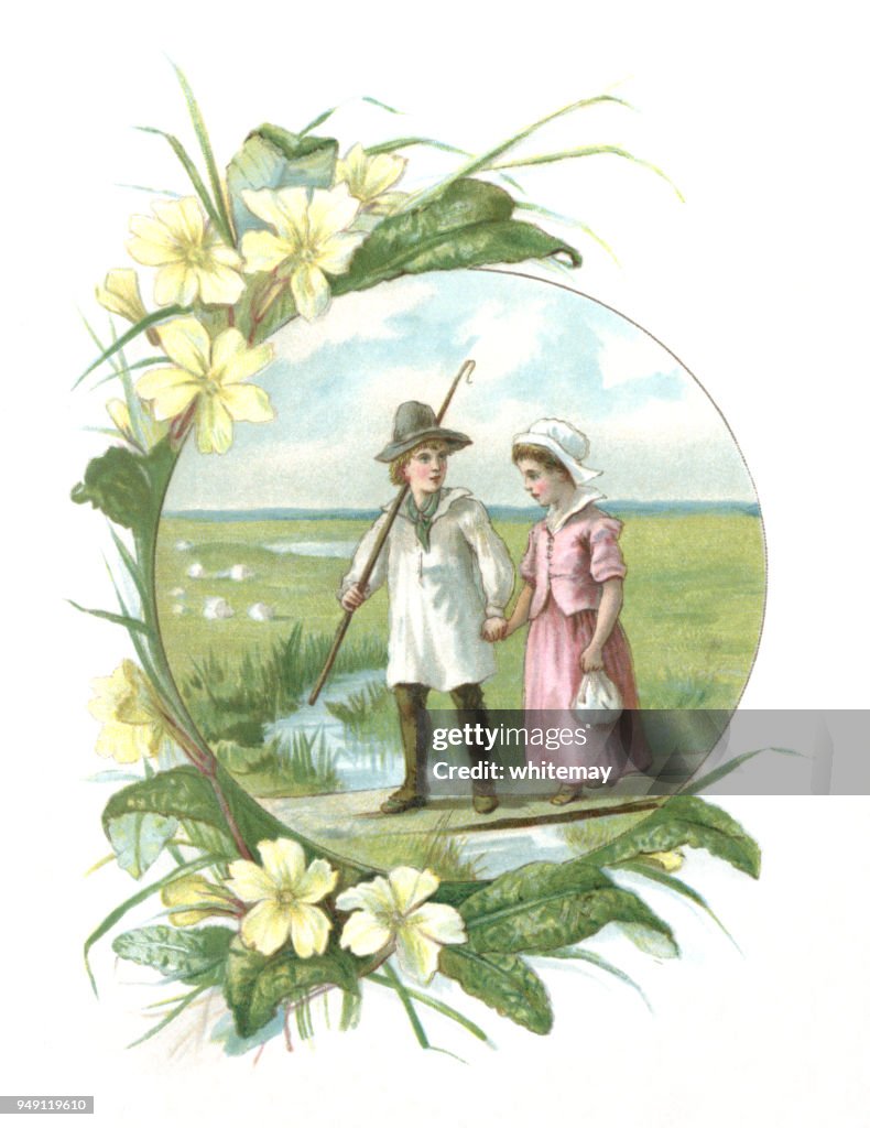 Victorian illustration of a shepherd and his girlfriend in a border of primroses