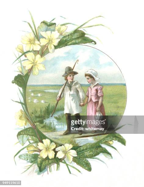 victorian illustration of a shepherd and his girlfriend in a border of primroses - victorian border stock illustrations