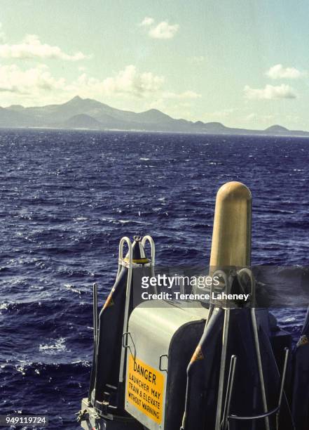 Seacat missiles on board a ship in the British naval task force during the Falklands War, with Ascension Island behind, in the South Atlantic Ocean,...
