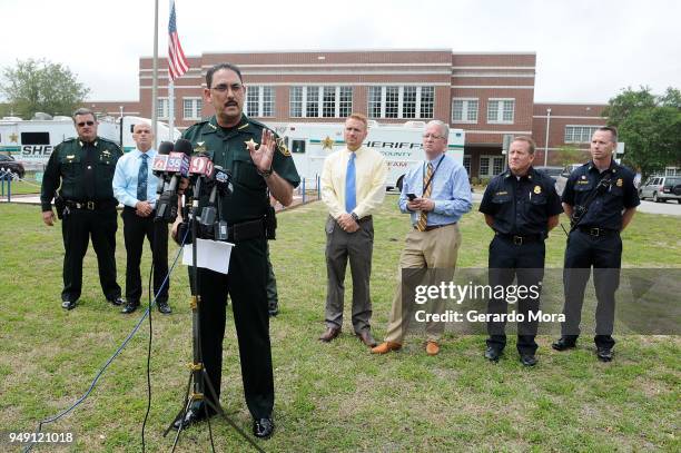 Marion County Sheriff Billy Woods speaks during a press conference after a shooting at Forest High School on April 20, 2018 in Ocala, Florida. It was...