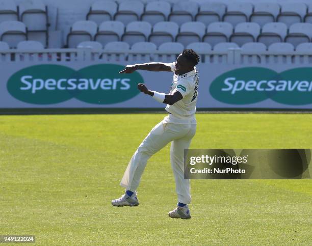 Fidel Edwards of Hampshire ccc celebrates LBW on Surrey's Scott Bothwick during Specsavers County Championship - Division One, day one match between...