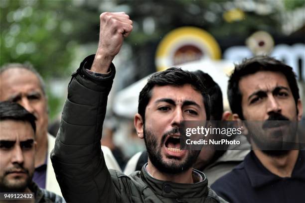 Man chants slogans during a protest held by the leftist opposition Patriotic Party against the alliance between the ruling Justice and Development...