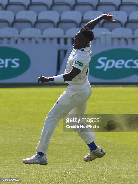 Fidel Edwards of Hampshire ccc celebrates LBW on Surrey's Scott Bothwick during Specsavers County Championship - Division One, day one match between...