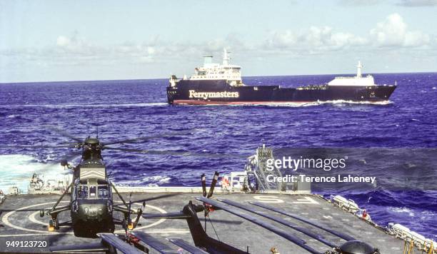 Elk ferry, part of the British naval task force, leaving Ascension Island joining HMS Fearless L10 during the Falklands War, 1982.