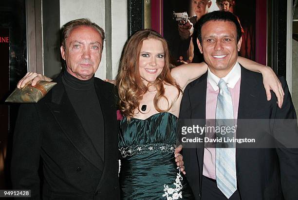 Actors Udo Kier and Dominique Swain and producer/president of New Films Nesim Hason attend the premiere of "Fall Down Dead" at Laemmle's Music Hall 3...