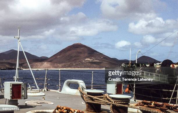 Ships from the British naval task force docked at Ascension Island during a stop on the way back from the Falklands War, 1982.