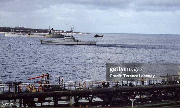 Ships from the British naval task force at Ascension Island during a stop on the way back from the Falklands War, 1982.