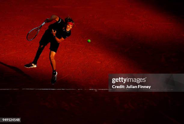 Alexander Zverev of Germany serves to Richard Gasquet of France during day six of the ATP Masters Series Monte Carlo Rolex Masters at Monte-Carlo...