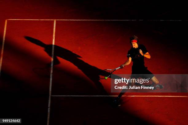 Alexander Zverev of Germany in action against Richard Gasquet of France during day six of the ATP Masters Series Monte Carlo Rolex Masters at...