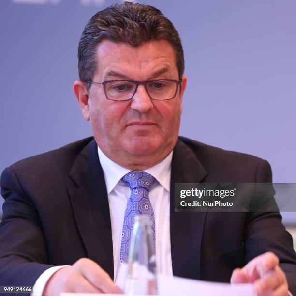 Minister of economy Franz Josef Pschierer spoke to the press, in Munich, Germany, on April 20, 2018. The Bavarian minister of economy Franz Josef...