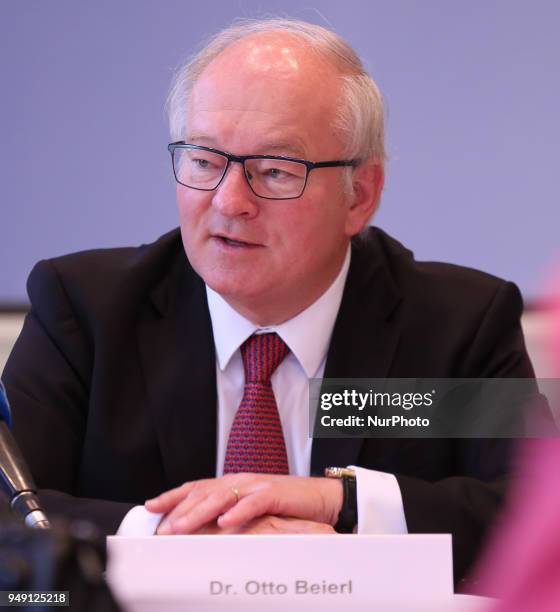 The Chairman of the LfA Foerderbank Bayern Otto Beierl spoke to the press, in Munich, Germany, on April 20, 2018. The Bavarian minister of economy...