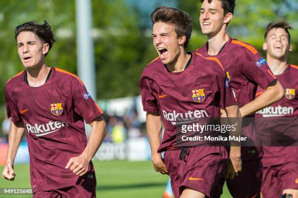 Picard Puig of FC Barcelona celebrates his goal with teammates during the semi-final football match between Manchester City and FC Barcelona of UEFA...