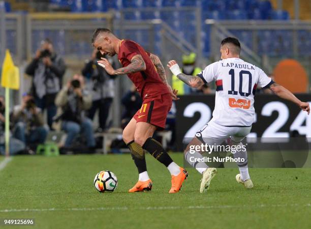 Aleksandar Kolarov and Gianluca Lapadula during the Italian Serie A football match between A.S. Roma and AC Genoa at the Olympic Stadium in Rome, on...