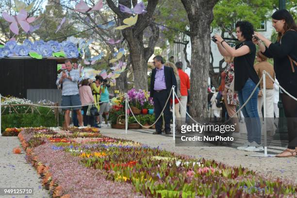 Members of the public take pictures as the first flower carpets appear in the capital of Madeira Island, on day one of the 2018 edition of the...