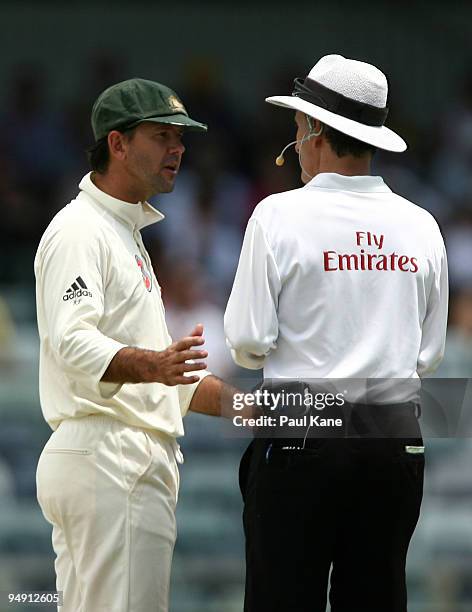 Ricky Ponting of Australia talks with umpire Billy Bowden during day four of the Third Test match between Australia and the West Indies at WACA on...