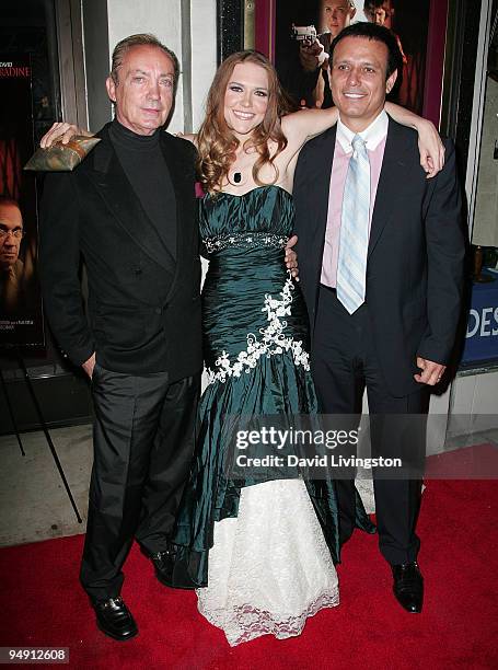 Actors Udo Kier and Dominique Swain and producer/president of New Films Nesim Hason attend the premiere of "Fall Down Dead" at Laemmle's Music Hall 3...