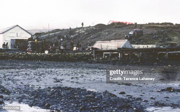 British troops at Ajax Bay, San Carlos Waters during the Falklands War, May 1982.