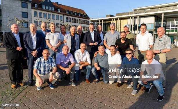 President Reinhard Grindel pose with Hanauer FC legends during the 125th anniversary of 1. Hanauer FC on April 20, 2018 in Hanau, Germany.