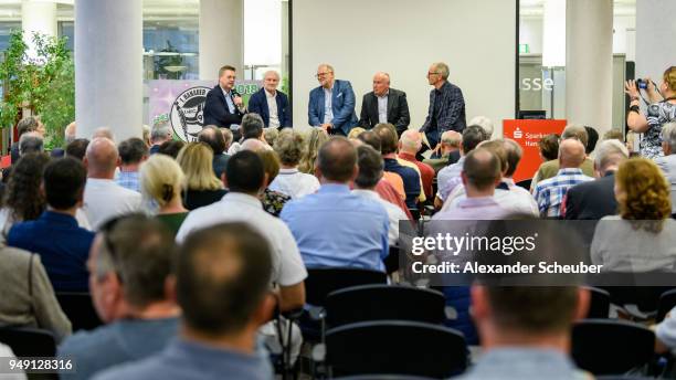 President Reinhard Grindel and Rudi Voeller attend the 125th anniversary of 1. Hanauer FC on April 20, 2018 in Hanau, Germany.