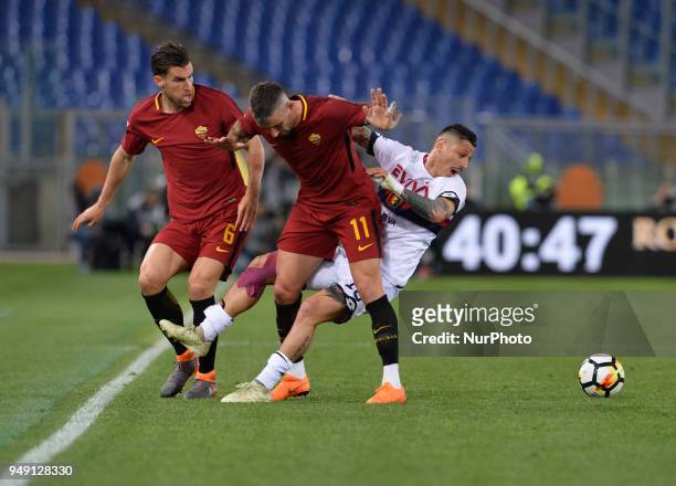 Aleksandar Kolarov and Gianluca Lapadula during the Italian Serie A football match between A.S. Roma and AC Genoa at the Olympic Stadium in Rome, on...